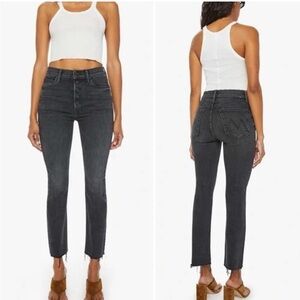 Mother Denim Pixie Dazzler Ankle Fray Crop Jeans Black Night Shadow Raw Hem 27